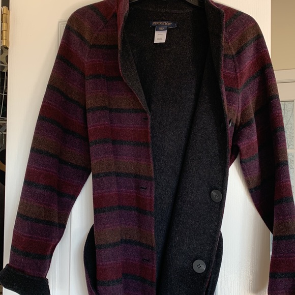 Pendleton soft Wool Wrap Jacket gray black plum stripes Size Large reversible - Picture 12 of 12
